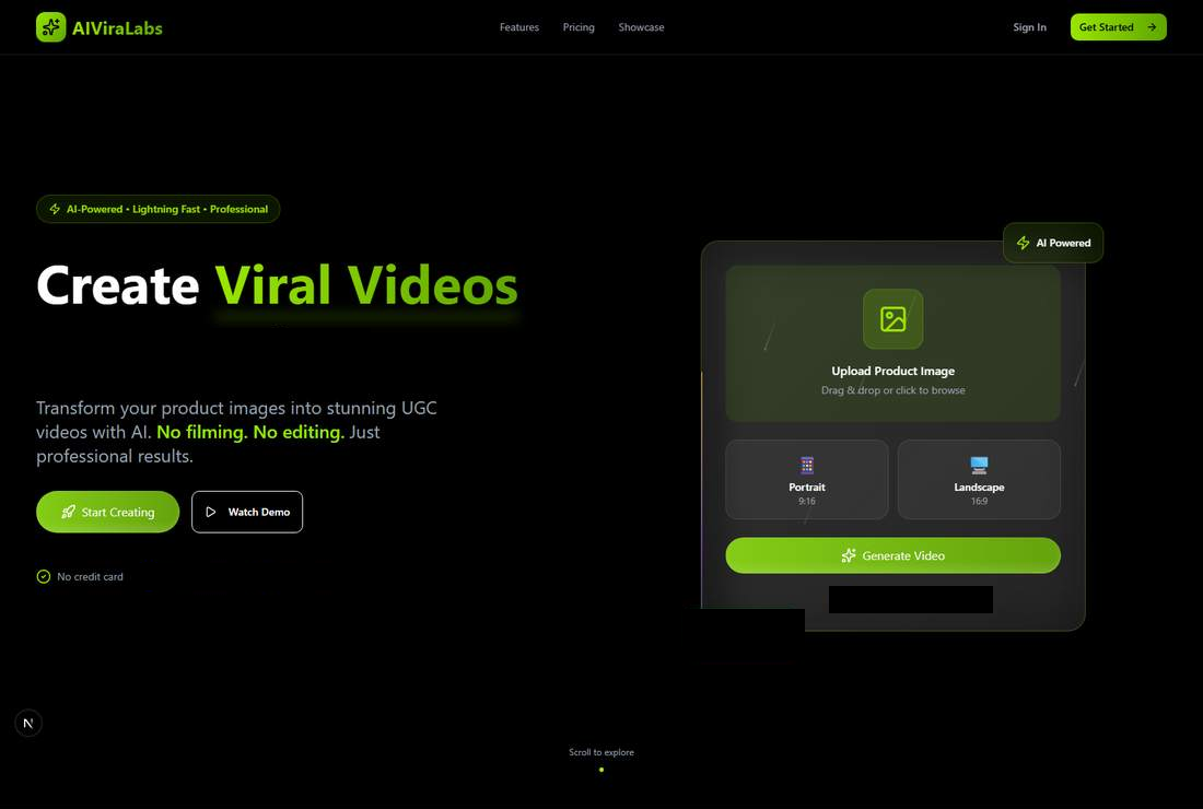 AIViral Labs development landing page with product-image upload and output-format controls; unverified figures are hidden