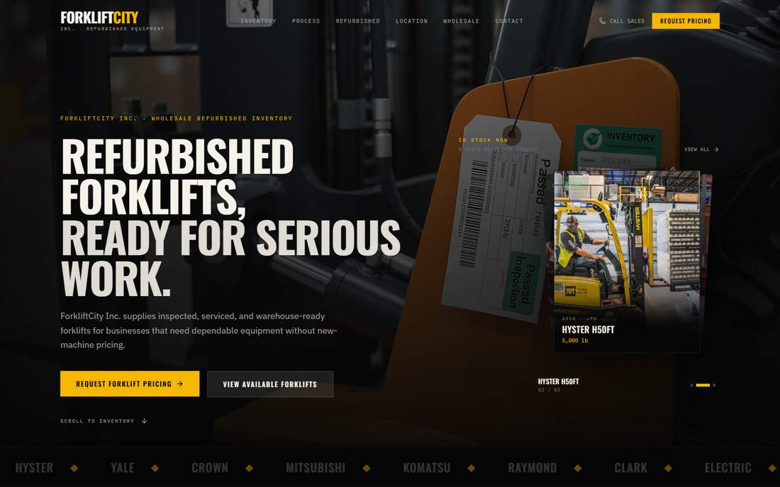 Forklift City showcase website with an equipment inventory preview and pricing enquiry buttons