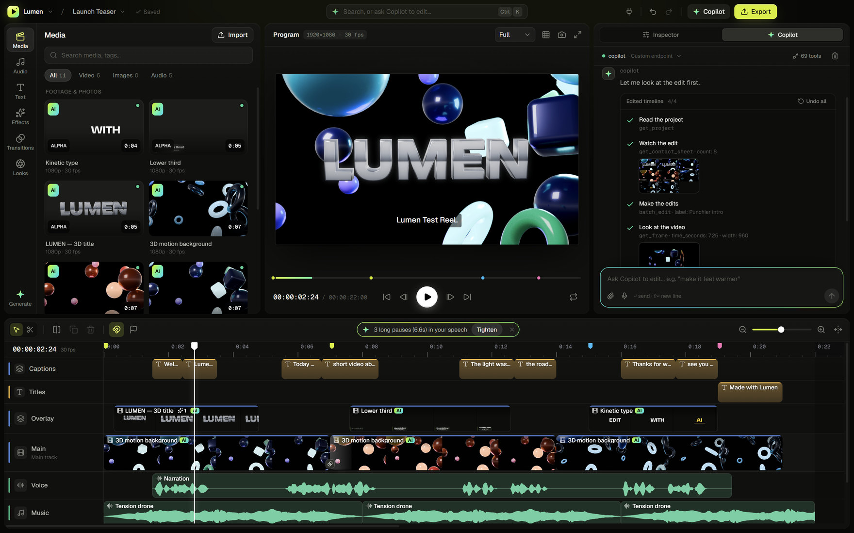 Lumen video editor with a multi-track timeline, 3D title preview and AI Copilot reviewing an edit