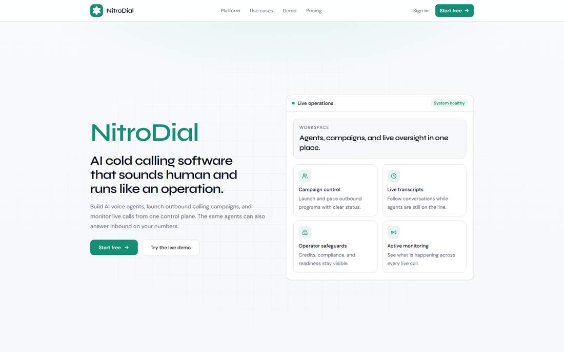 NitroDial's public website introducing voice agents, campaign controls and live transcripts