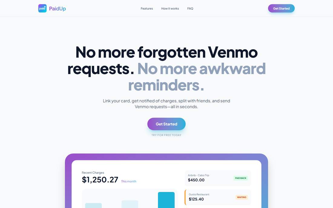 PaidUp marketing-page design introducing shared expenses and payment requests